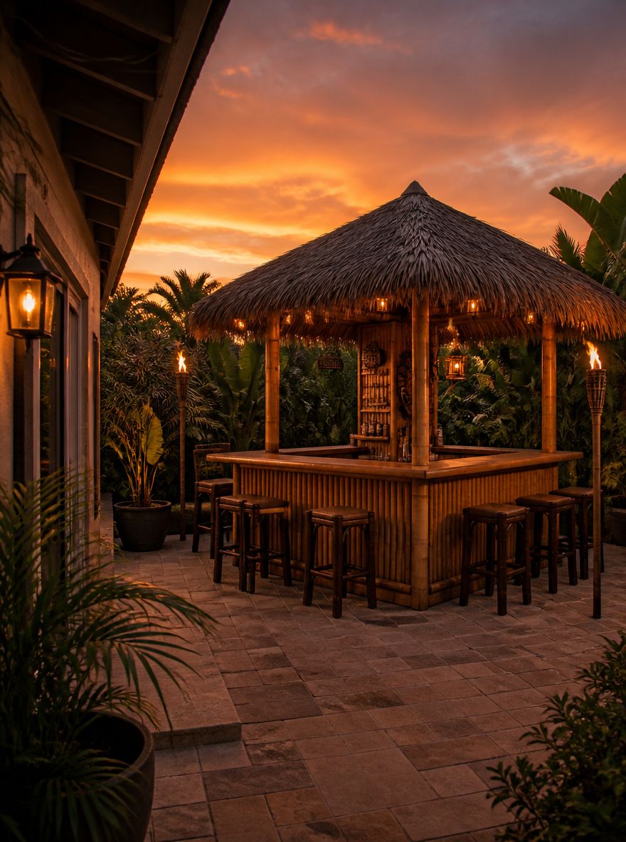 Barra tiki de bambú con techo de paja