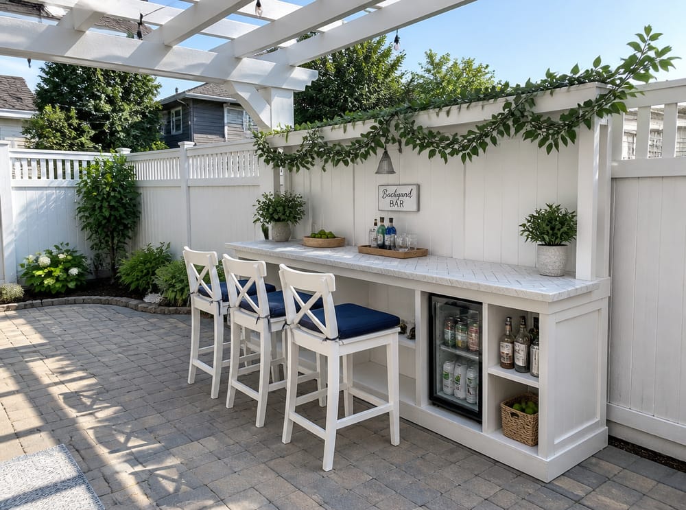 Barra blanca pintada con encimera de azulejos en espiga