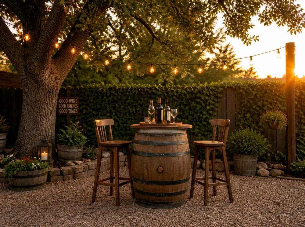 Barra de barril de vino sobre patio de grava