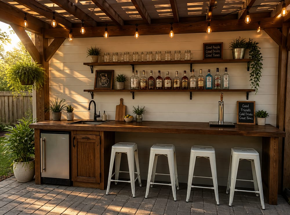 Barra de nogal tipo butcher-block bajo la pérgola
