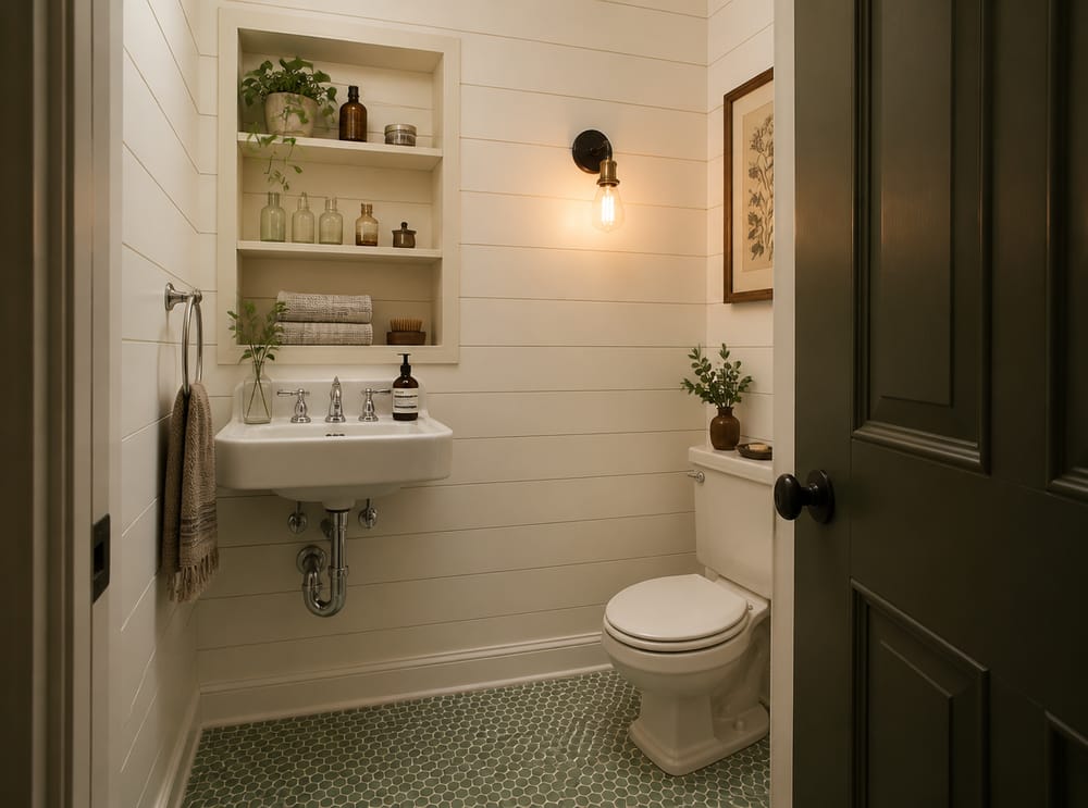 Botiquín de estantes abiertos sobre lavabo de pared