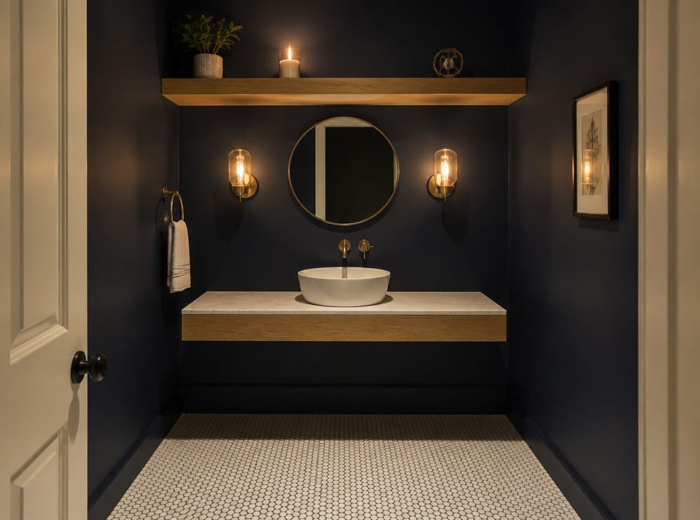 Estante de roble de ancho completo sobre lavabo tipo cuenco
