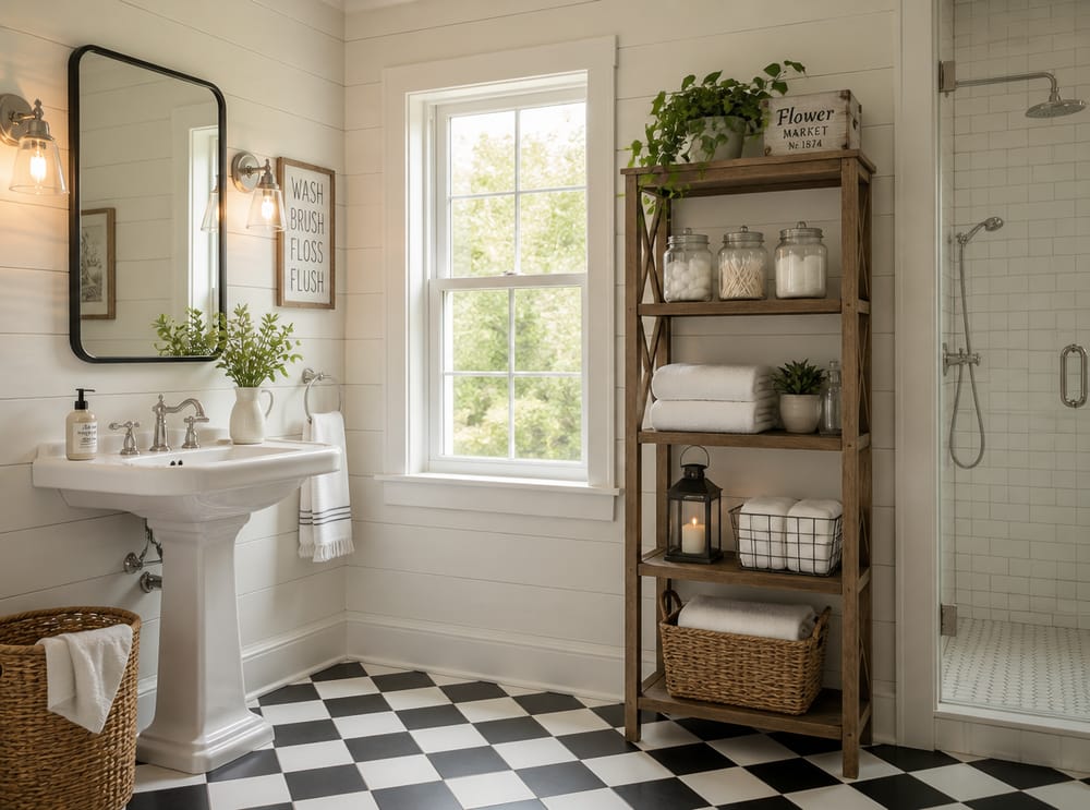 Estantería de madera independiente en baño estilo rústico