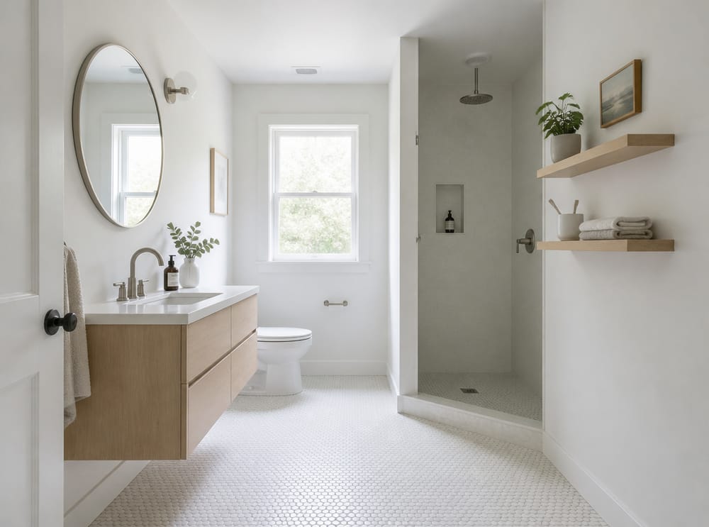 Estantes flotantes de abedul en baño escandinavo