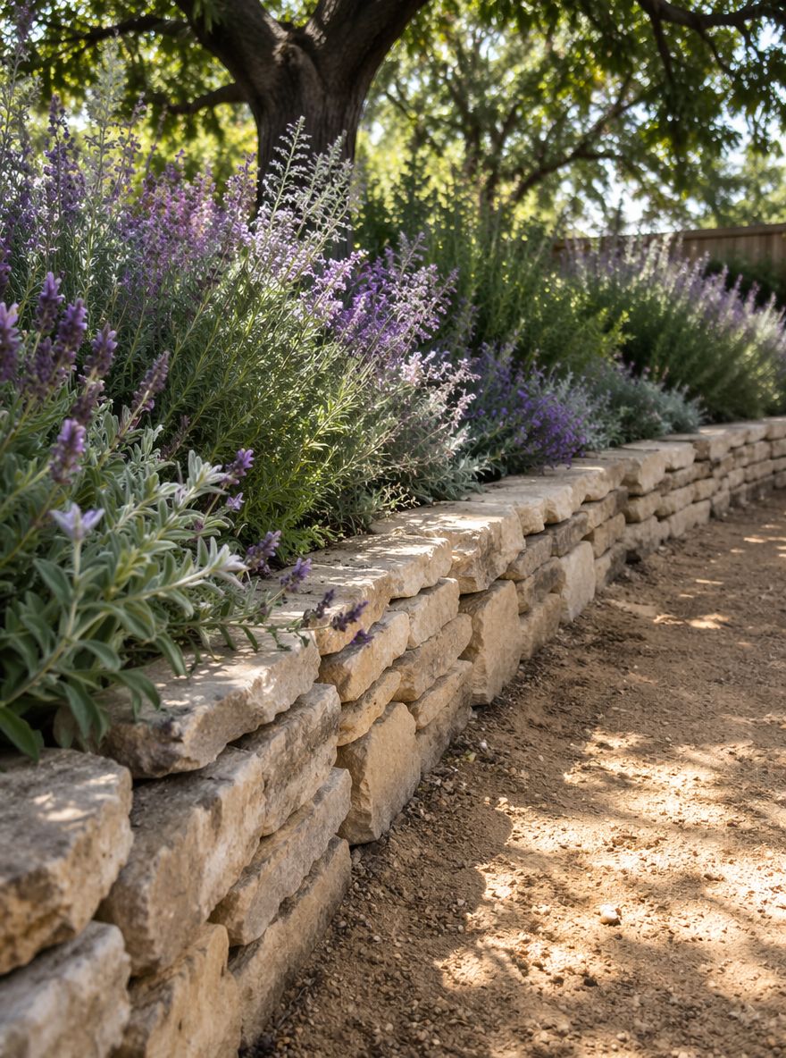 Muro curvo in pietra calcarea bordato da lavanda