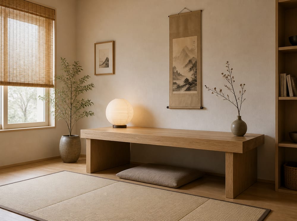 Matala tammipöytä ja washi-valaisin, Japandi-tyylinen huone