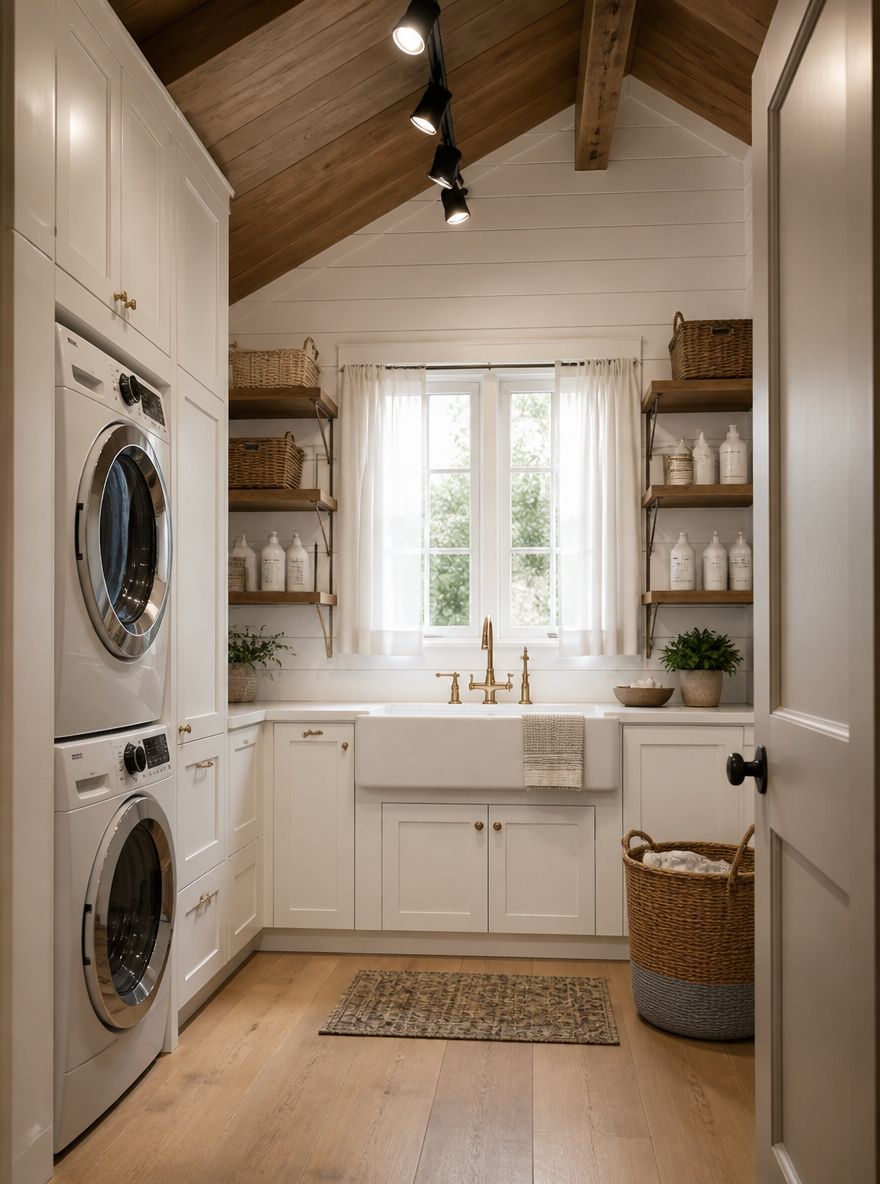 Lavello farmhouse in fireclay sotto doppia finestra lavanderia