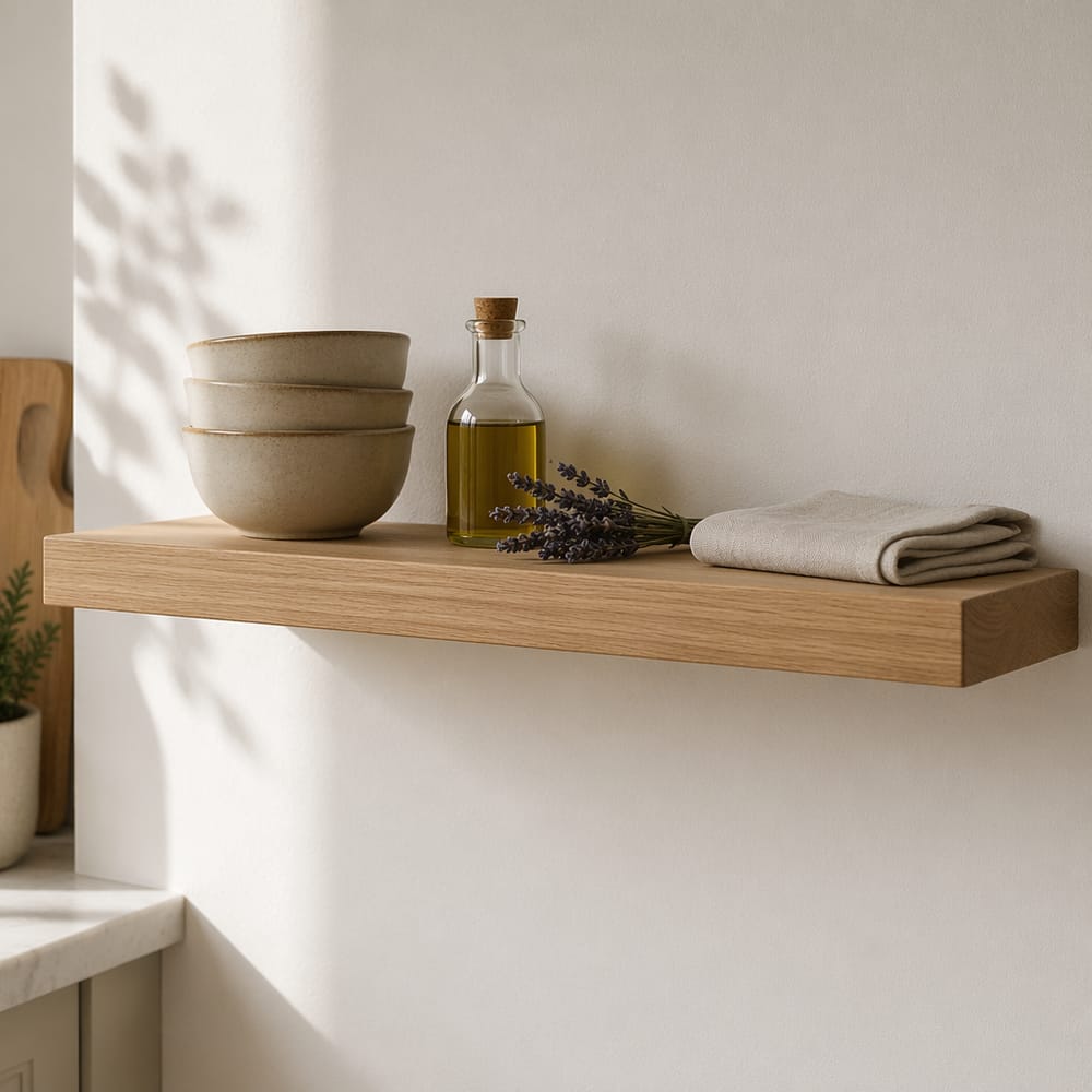 Estante de roble blanco con decoración cerámica minimalista
