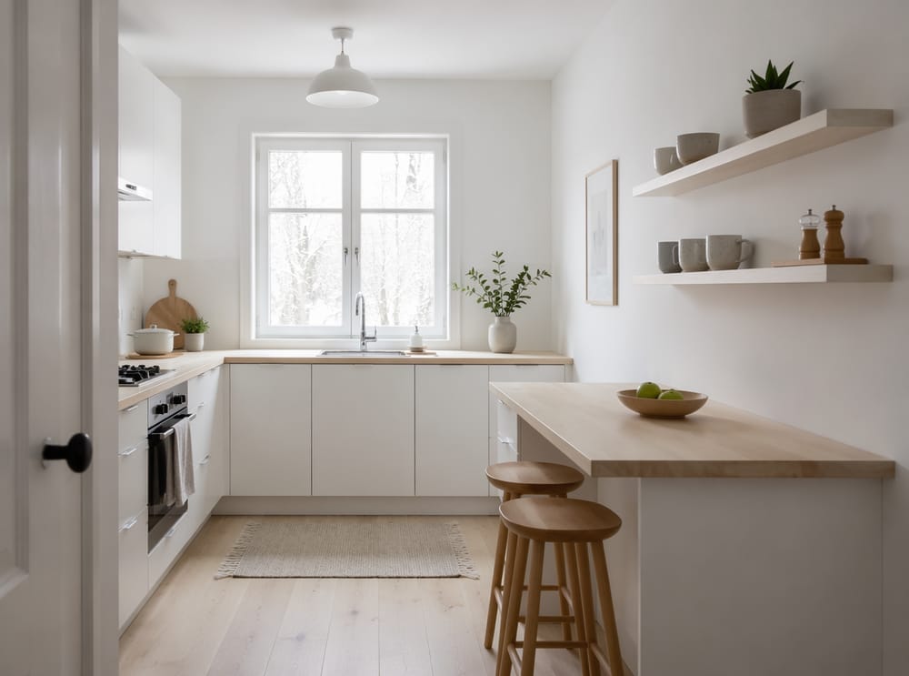 Estantes minimalistas de pino blanco en cocina escandinava