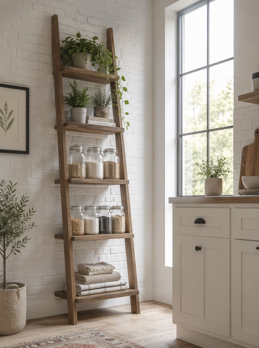 Estantería tipo escalera junto a la ventana de la cocina