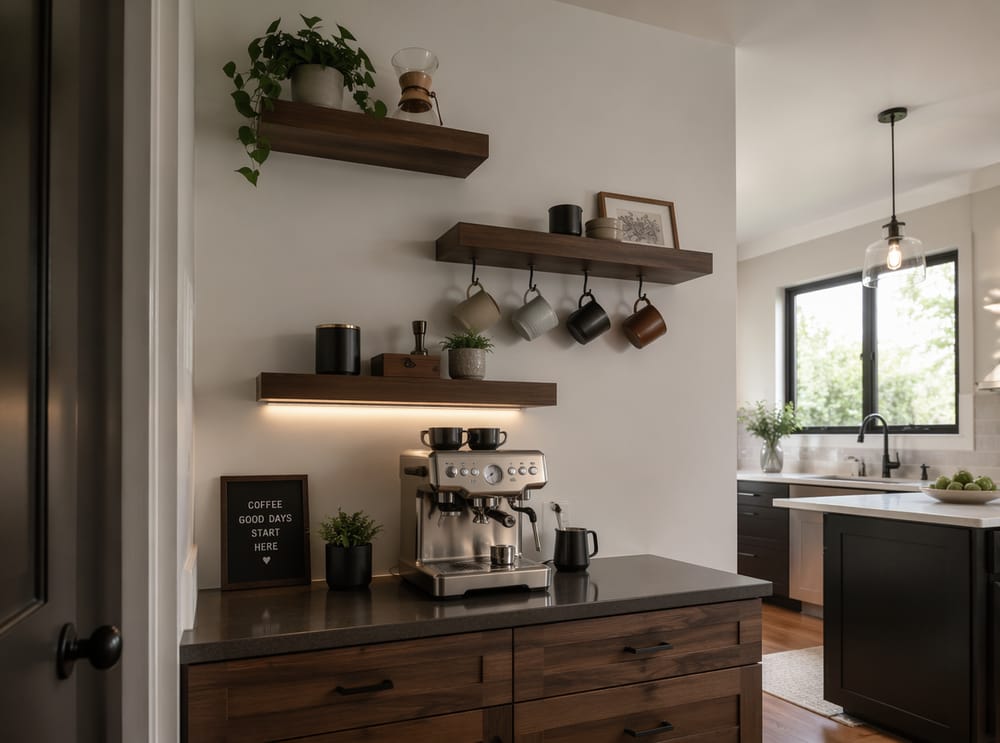 Estantes escalonados de roble ahumado sobre estación de café