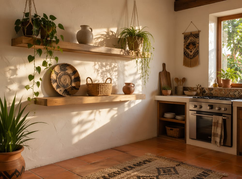 Estantes de madera cruda con macramé y plantas colgantes