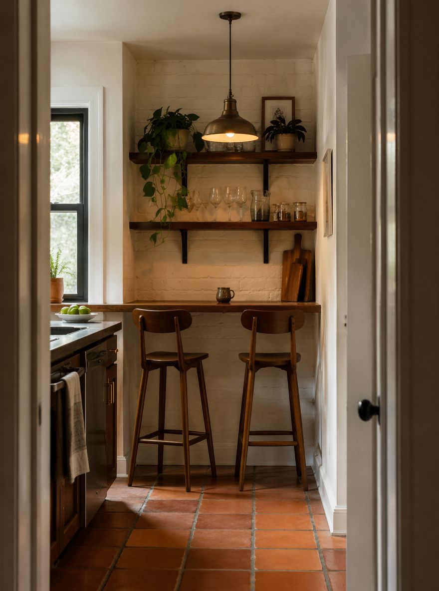 Barra empotrada en la pared de cocina con estantería abierta