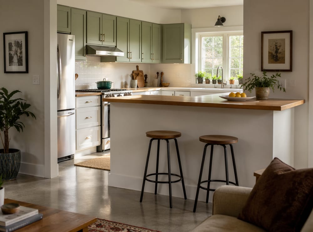 Barra de desayuno que separa cocina abierta y sala de estar