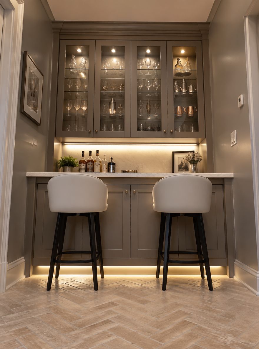 Mueble bar de piso a techo con puertas superiores de vidrio