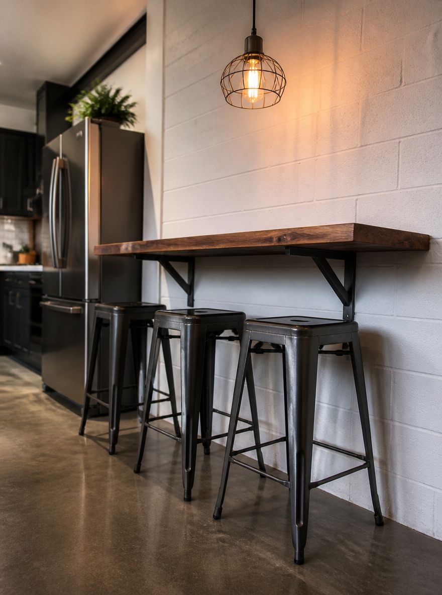 Barra flotante de pared con soportes metálicos vistos