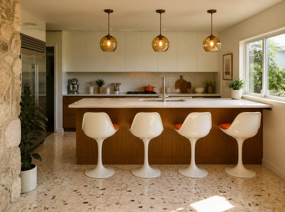Barra en isla mid-century con chapa de teca y piso de terrazo