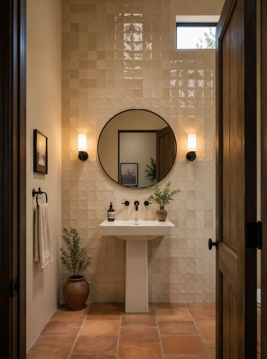 Zellige dal pavimento al soffitto dietro lavabo a colonna centrale
