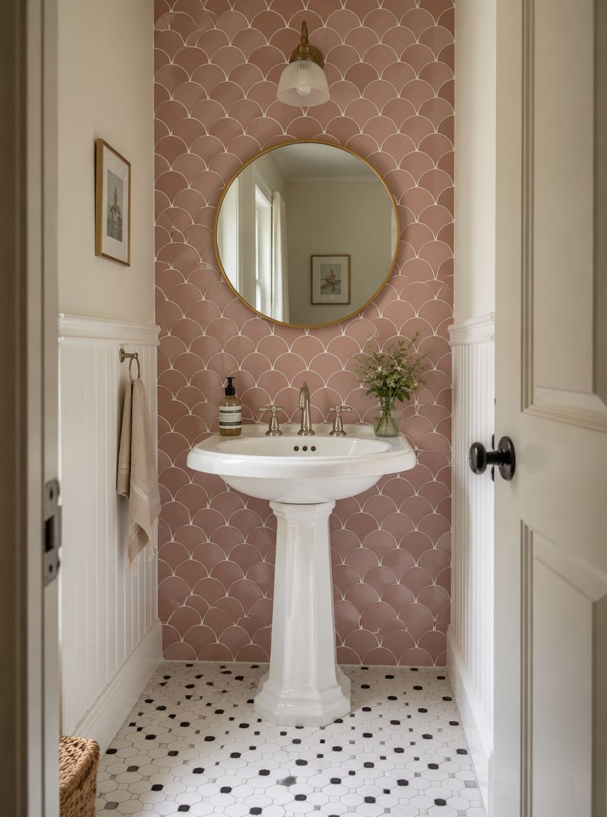 Piastrelle a squama rosa polverosa dietro lavabo a colonna