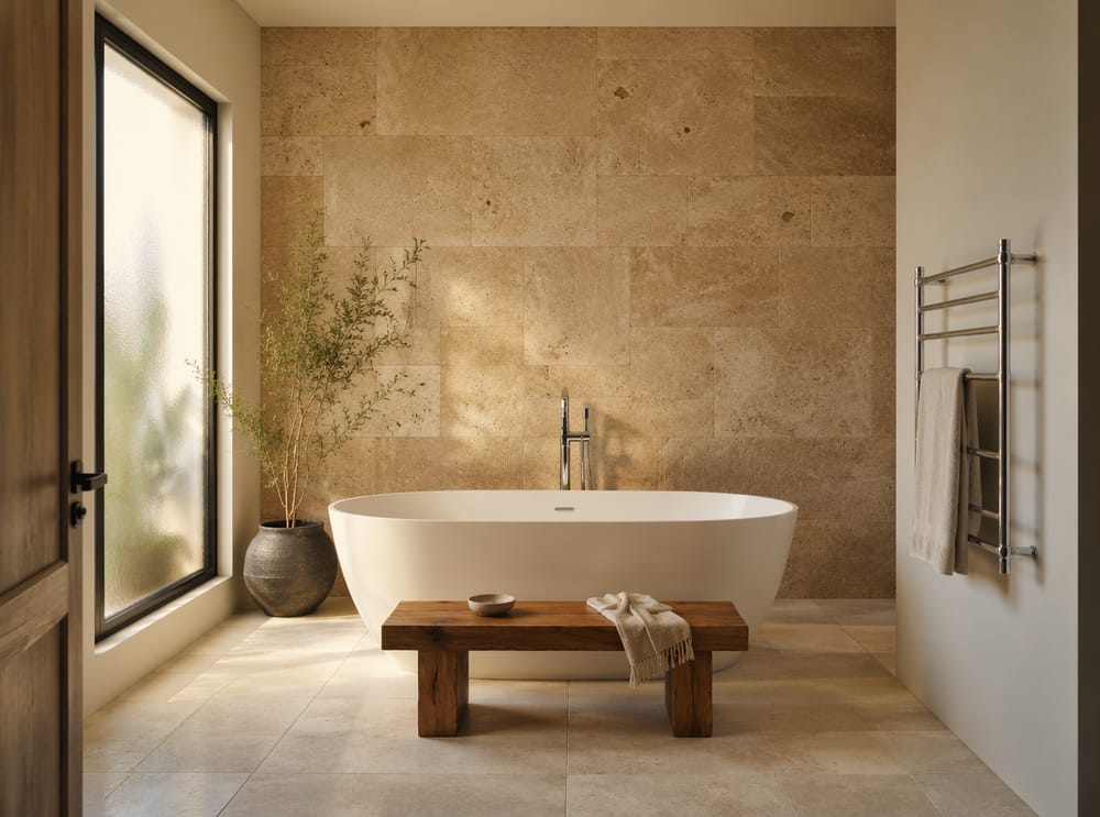 Travertino lavorato ad ashlar dietro vasca ovale freestanding