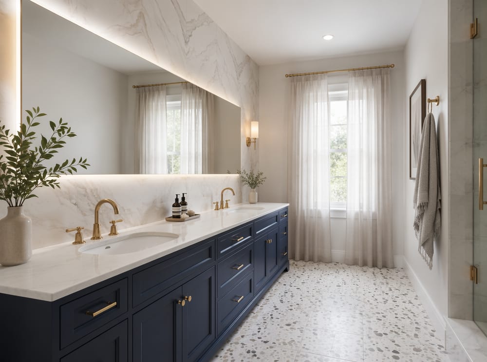 Lastra in gres porcellanato book-matched dietro rubinetti oro spazzolato