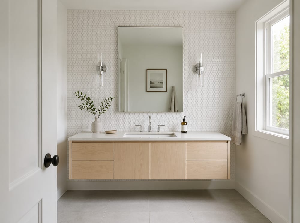 Mosaico tondo bianco dietro mobile bagno sospeso