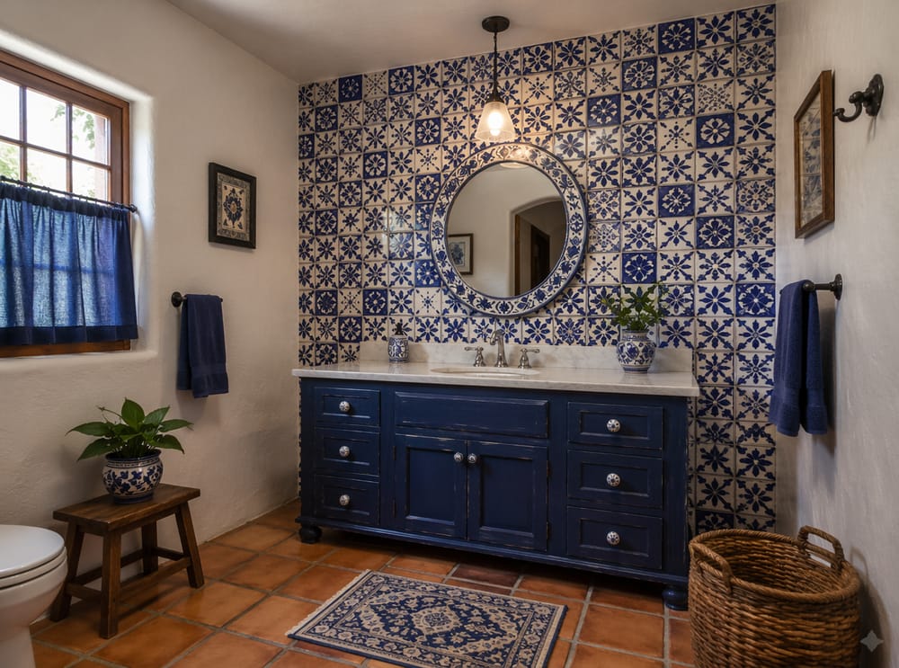 Piastrelle dipinte a mano Talavera dietro mobile bagno colorato
