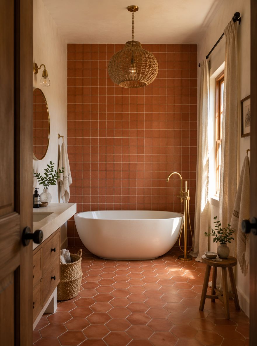 Griglia in terracotta arancio bruciato dietro vasca ovale con dettagli in ottone