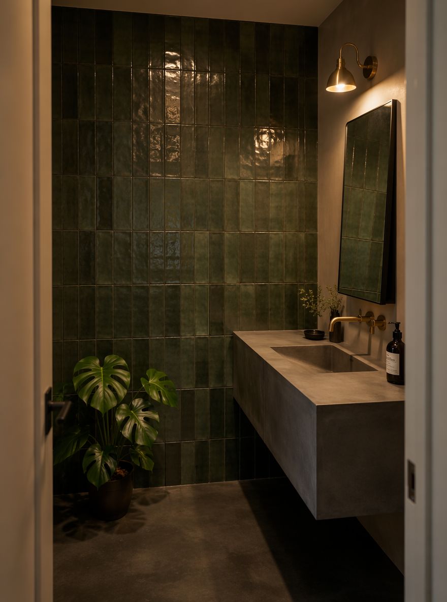 Ceramica smaltata verde scuro dietro mobile sospeso in cemento
