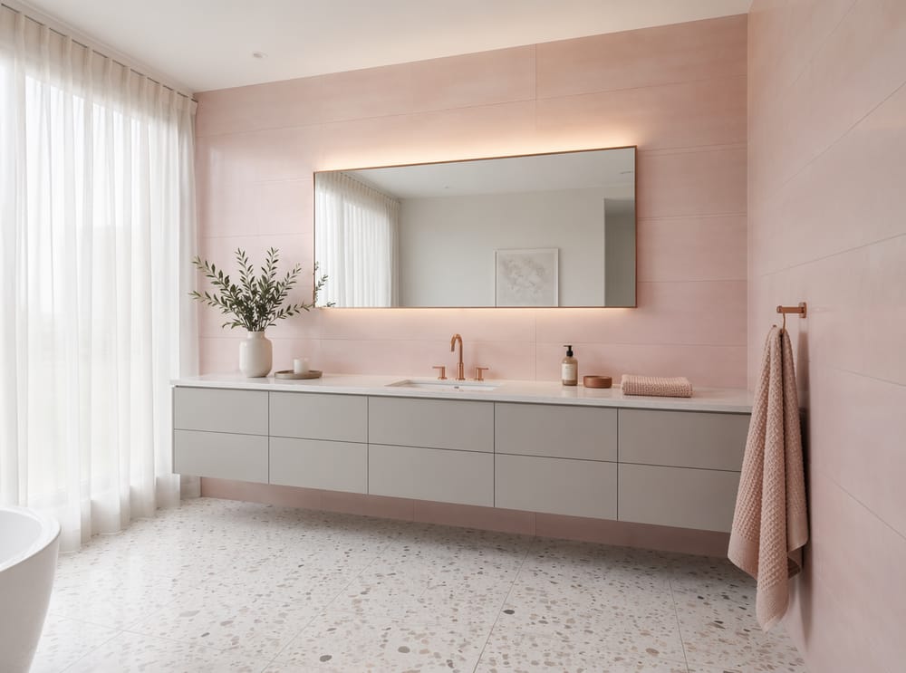 Piastrelle rosa cipria satinata dietro rubinetteria oro rosa