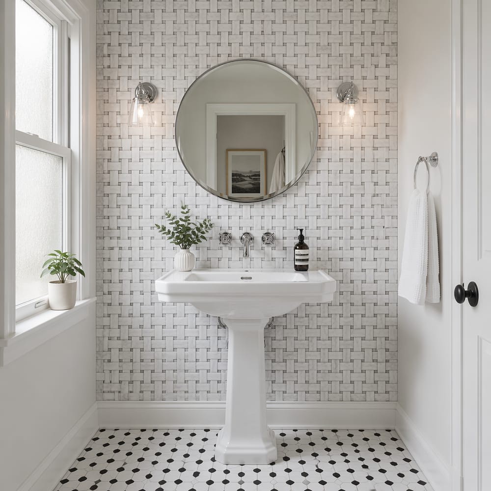 Mosaico a intreccio in marmo dietro lavabo a colonna con finitura cromata