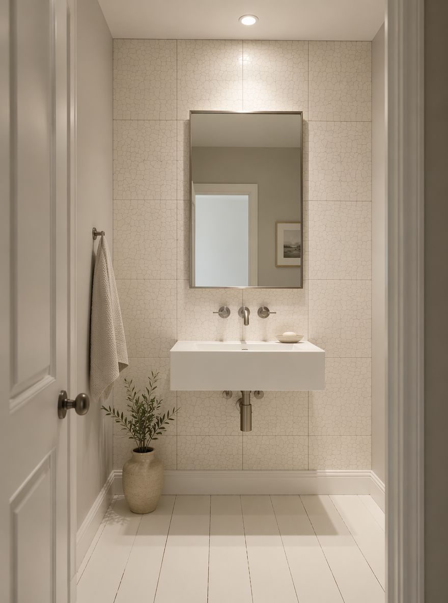 Ceramica con smalto crackle dietro rubinetto a parete in nichel