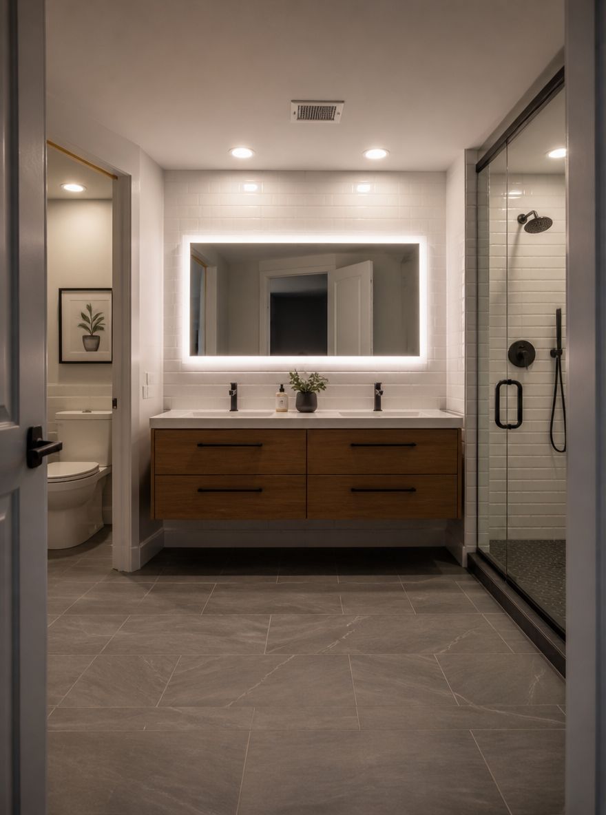 Espejo retroiluminado y focos empotrados en baño de sótano