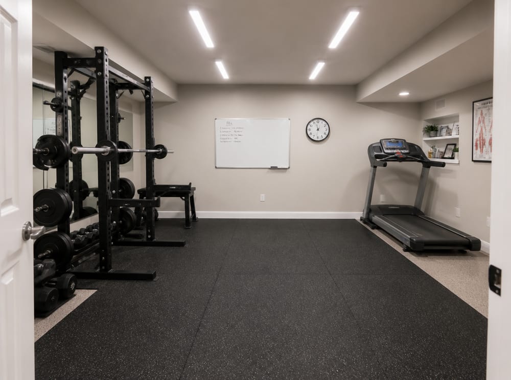 Filas de lámparas de taller iluminan el gimnasio en el sótano