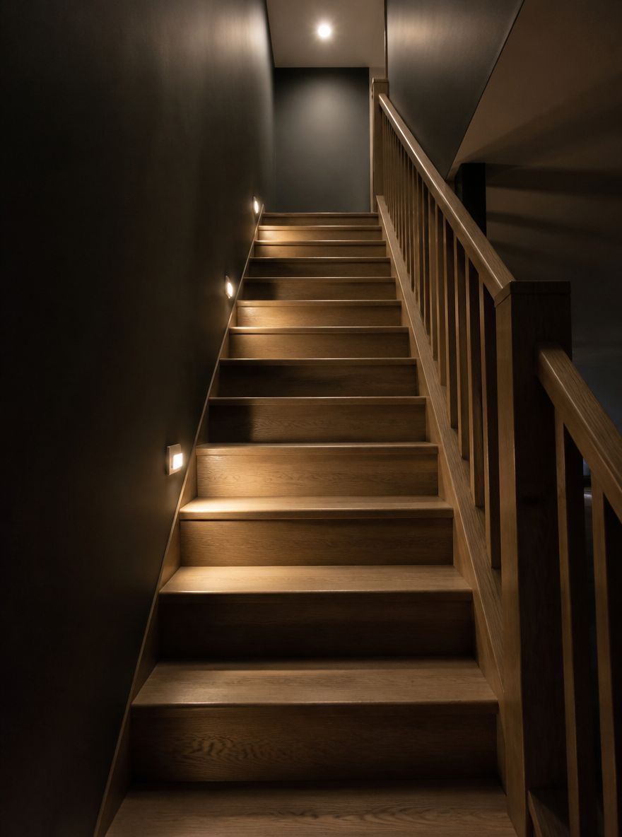 Apliques escalonados iluminan la escalera del sótano