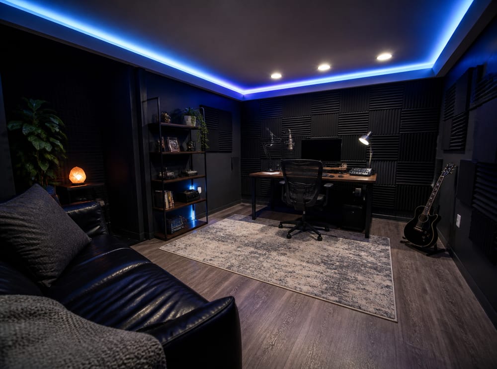 Tiras LED perimetrales en estudio de grabación en sótano