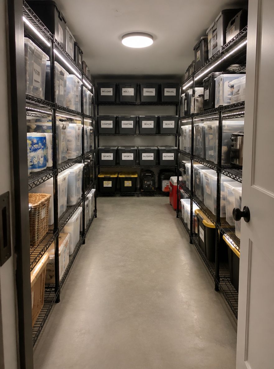 LEDs bajo estantes organizan el cuarto de almacenamiento del sótano