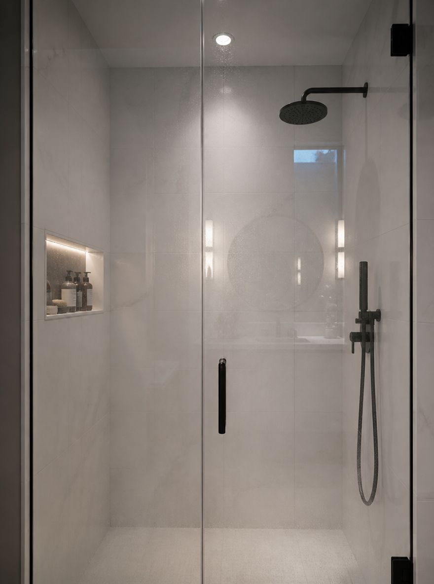 Luz empotrada y tira LED en nicho de baño de sótano
