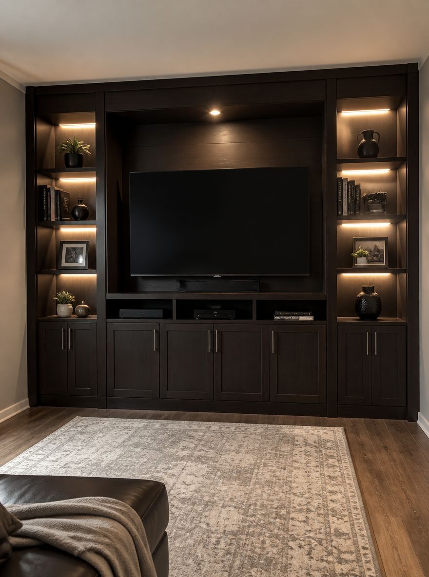 LEDs en muebles empotrados iluminan la pared de entretenimiento del sótano