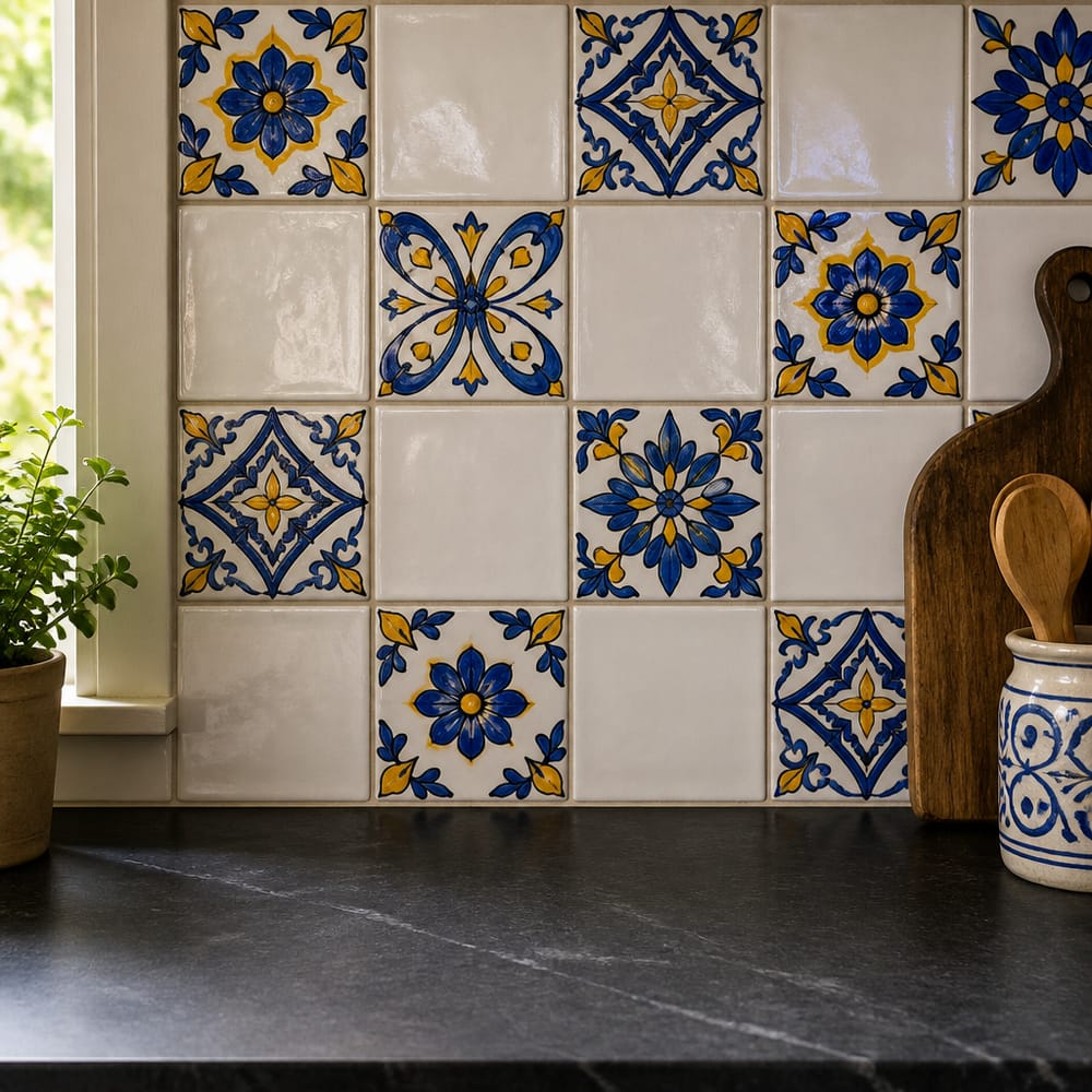 Detalle de Talavera pintada a mano en patrón alternado