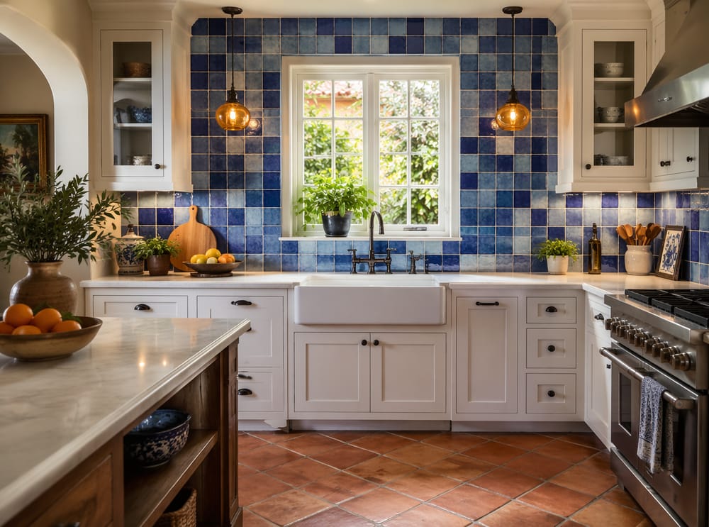 Azulejos azul vidriados a mano en varios tonos en el fregadero
