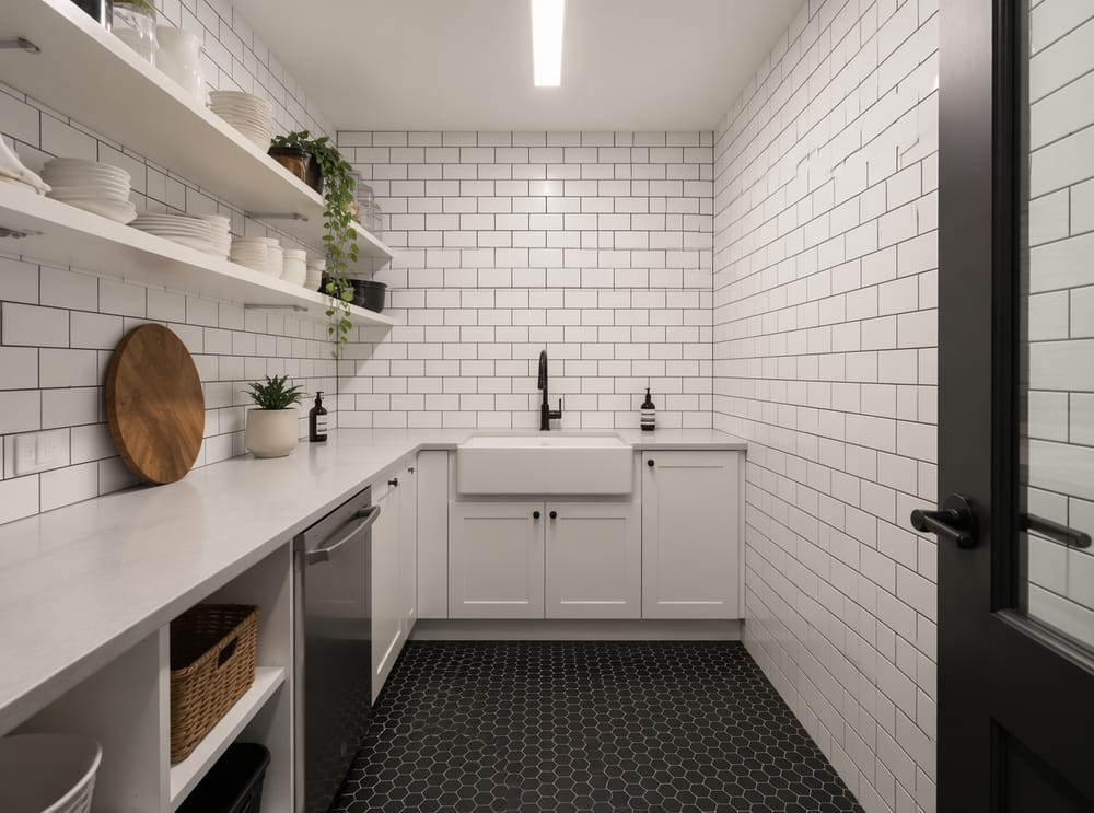 Azulejo metro blanco con boquilla oscura en tres muros