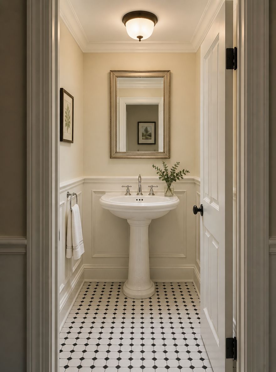 Clásico lavabo de pedestal de porcelana con paneles bajos