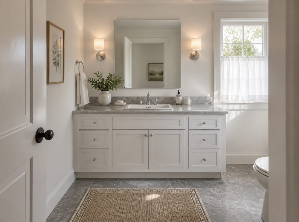 Lavabo de porcelana encastrado en mueble shaker con mármol