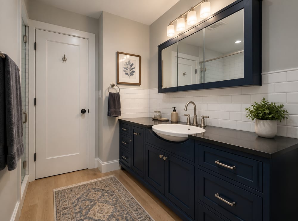 Lavabo ovalado semiencastrado en mueble azul marino
