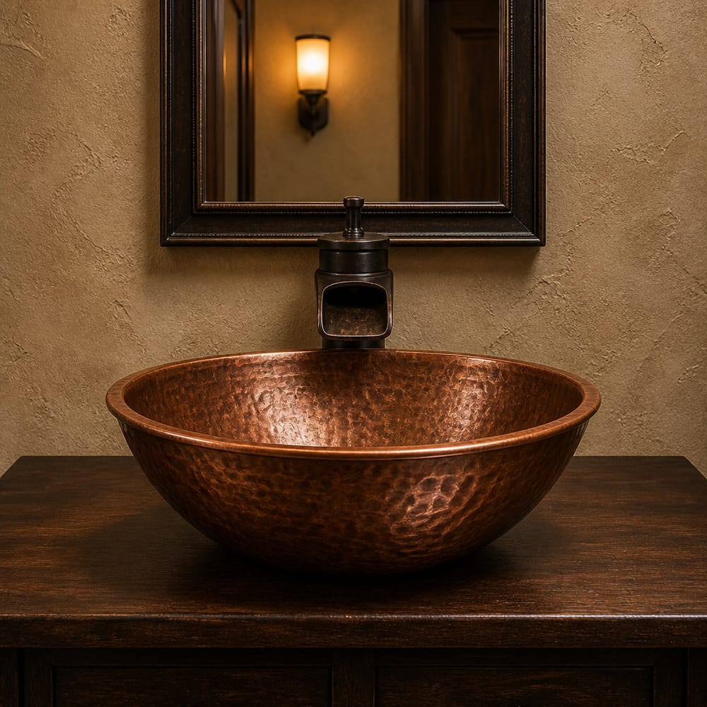 Lavabo de cobre martillado con grifería de bronce