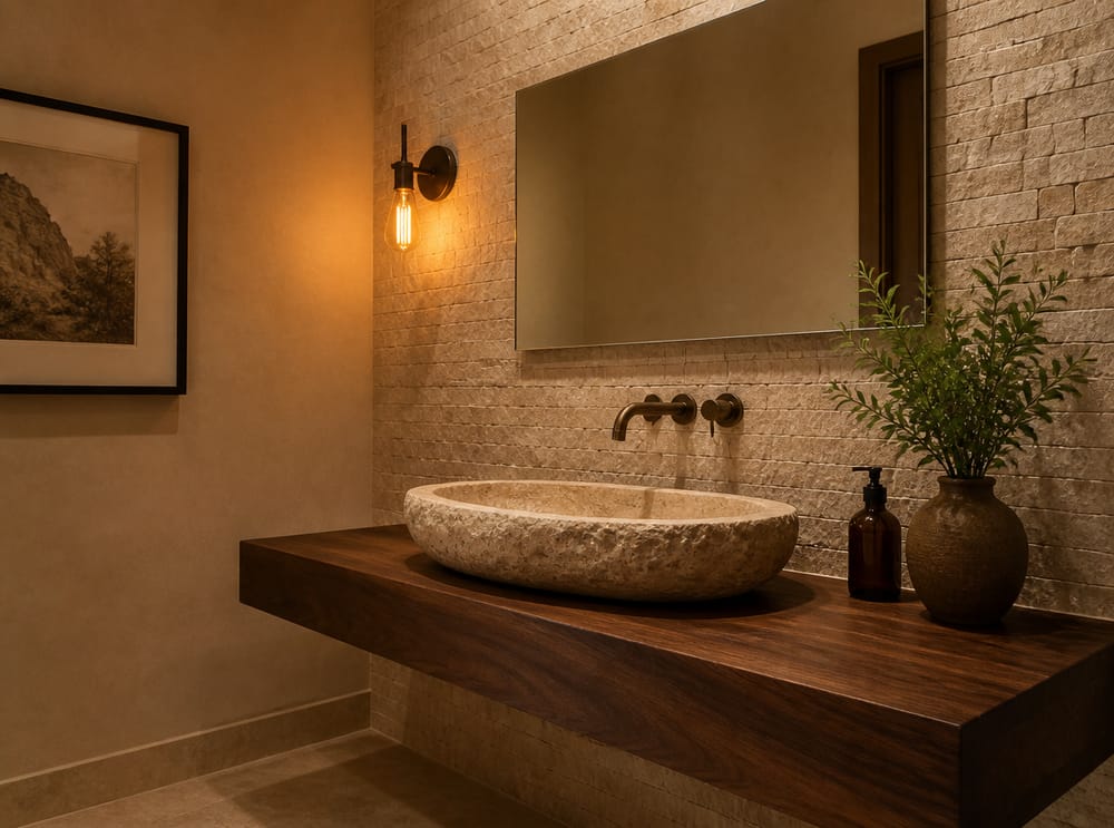 Lavabo de travertino tallado sobre repisa de nogal