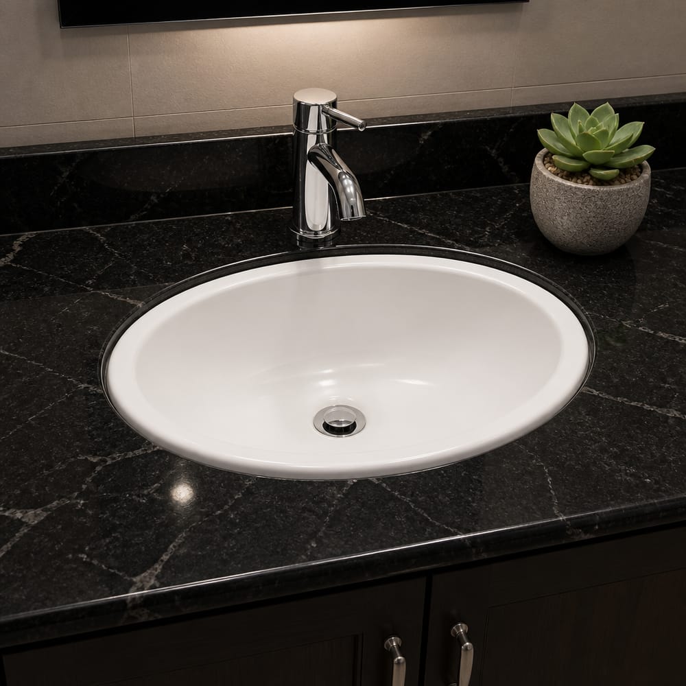 Lavabo ovalado encastrado en encimera de granito negro