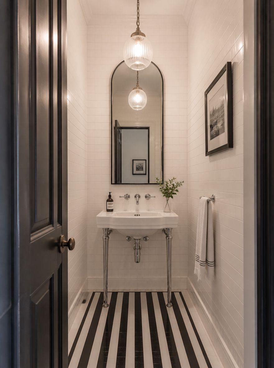 Lavabo consola sobre patas de cromo bajo espejo arqueado