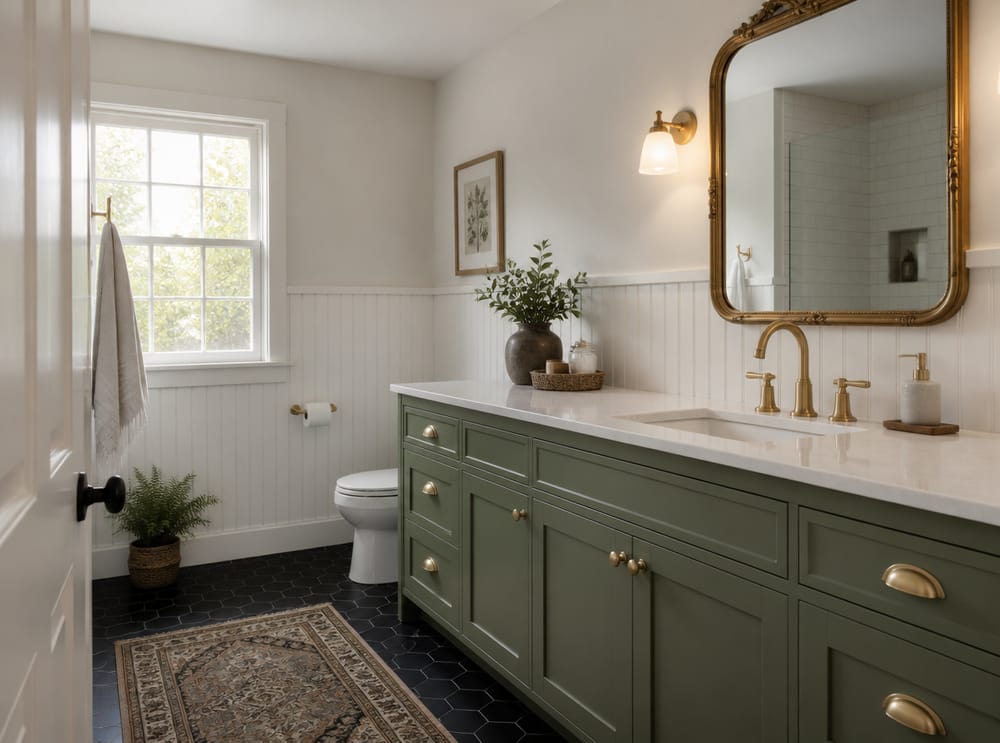 Lavabo bajo encimera en mueble verde salvia con tiradores dorados